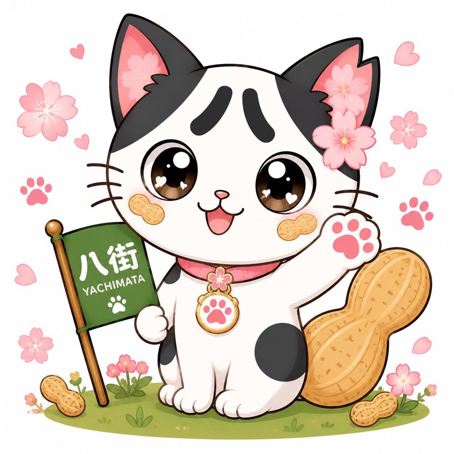 猫千華の公式キャラクター。八街の旗と落花生を持った白黒の猫